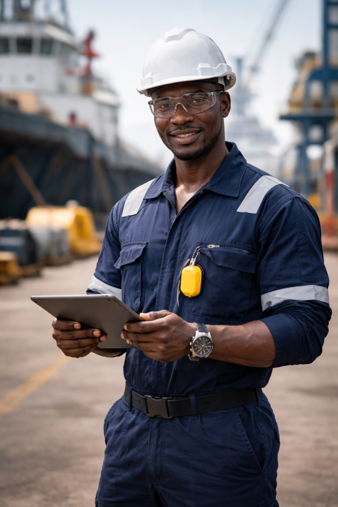 Confident engineer at industrial shipyard