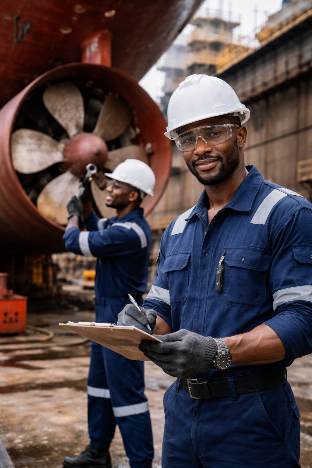 Skilled engineers at work in dry dock